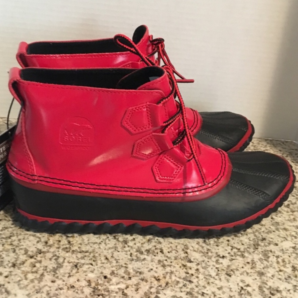 Sorel Out and About Red Patent Lather Duck Boots